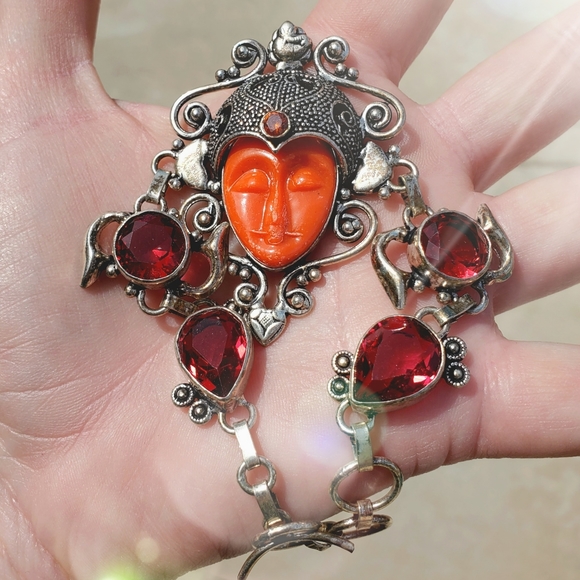 New Carved Goddess Face Multi Gemstone 925 Silver Bracelet. - Picture 8 of 15